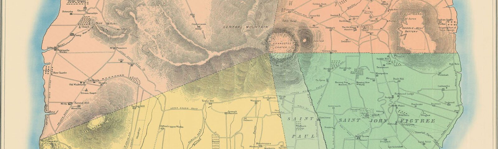 Historical map of the island of Nevis with multiple colors dividing the island