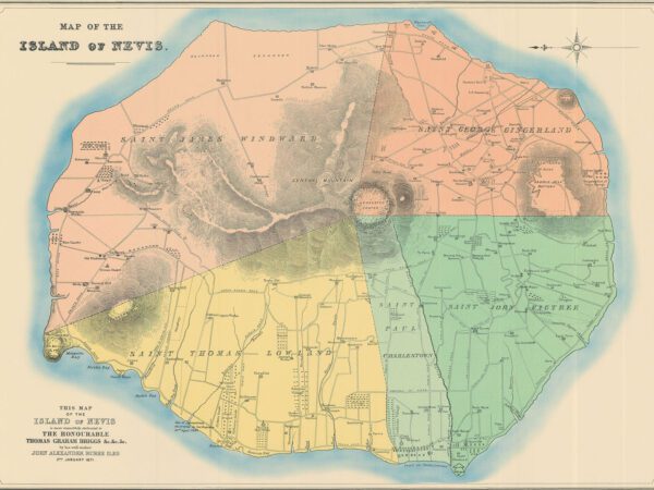 Historical map of the island of Nevis with multiple colors dividing the island