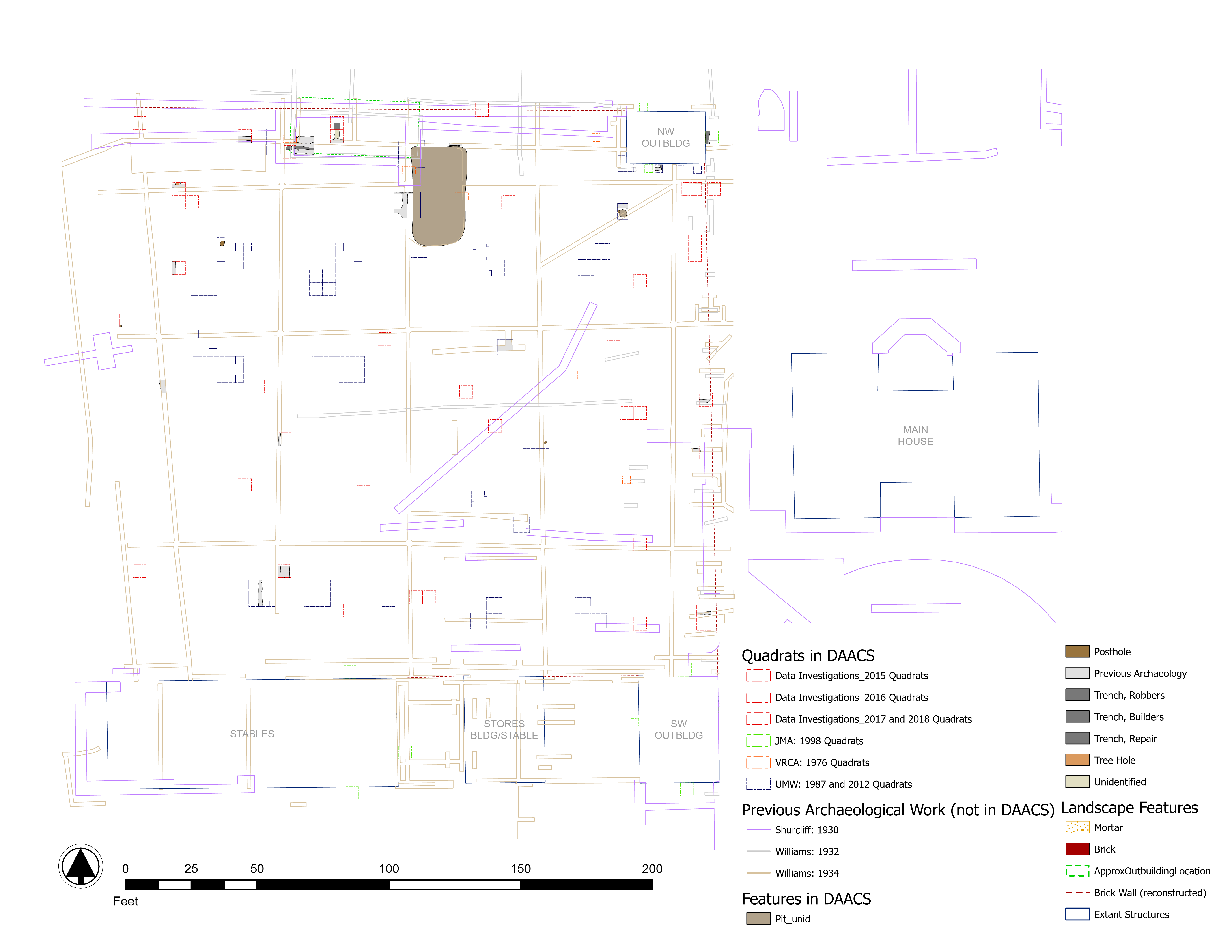 Map of excavations of Stratford Hall's West Yard