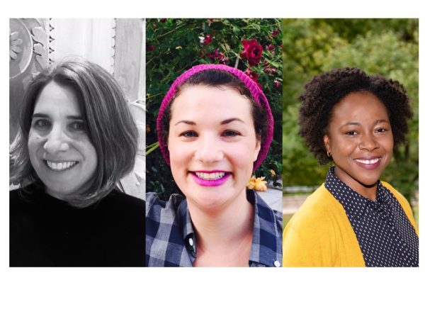Three headshots. First of Jillian Galle, dark haired woman smiling in black and white; second of Lynsey Bates, woman with a pink headband posed outdoors, third of Khadene Harris, woman in yellow cardigan, posed outdoors