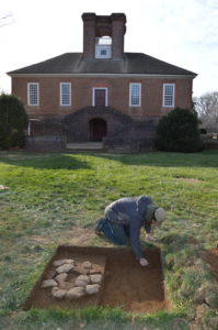Stratford Hall East Garden, looking West toward the Stratford Hall mansion. DATA Investigations’ Test Unit 226 revealed a brick and sandstone concentration, which may be a platform for a plant pot or statuary. Photo credit: DATA Investigations.