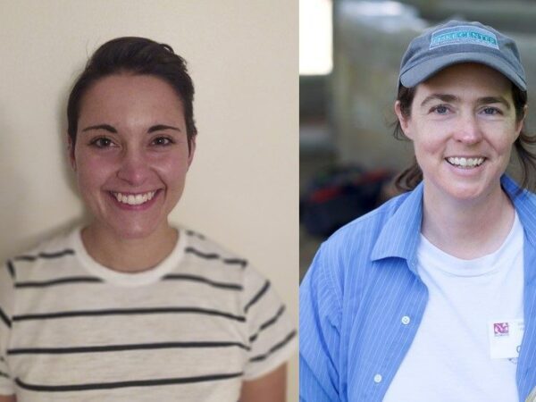 Two headshots. First, woman wearing striped shirt on a neutral background, second, woman dressed for fieldwork.