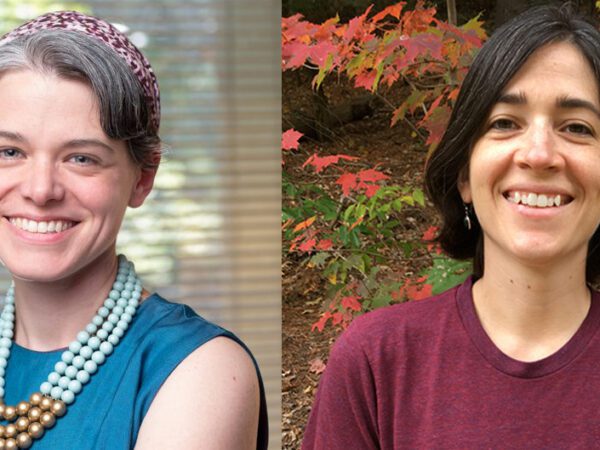 Two headshots. First of Beth Bollwerk, woman with short hair and a blue top, second of Lindsay Bloch in a purple shirt with fall leaves behind