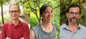 Three headshots: left, man in red shirt, center, woman with ponytail, right, man with ponytail, all taken outdoors