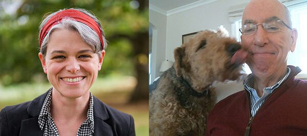 Two headshots, first, woman with red headband, posed outdoors, second, man getting kissed by an airedale terrier