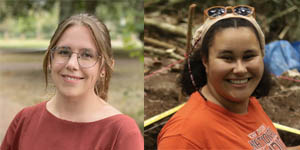 Two headshots: left, woman with glasses, posed outdoors, right, woman dressed for fieldwork, with excavation in background.