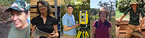 Five headshots: 1. Woman wearing ballcap, 2., woman with archaeological collections in background, 3., man standing next to a total station, 4. woman wearing pink shirt and straw hat, 5. man excavating