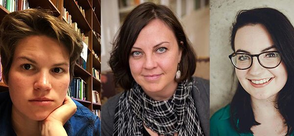 Three headshots: left, woman with books in background, center, woman wearing black and white scarf, right, woman in green shirt and glasses