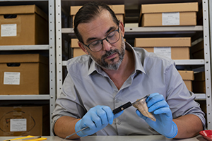 Man measuring a bone in a lab