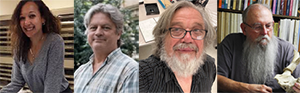 Four headshots: 1. Woman posed with archaeological collections in background, 2. man with checked shirt posed outdoors, 3. close cropped photo of bearded man, 4. bearded man with bookshelves in background
