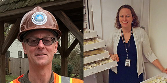 Two headshots. First, man wearing hardhat and reflective vest, second, woman posed with artifact curation cabinets