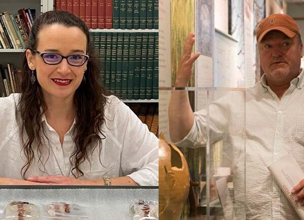 Two headshots: left, Woman posed with bookshelves in background, right, man wearing ball cap, taken while mid-lecture