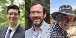 Three headshots: left, man in suit and tie, posed outdoors, center, man in blazer, posed outdoors, right, man in brimmed hat, posed outdoors