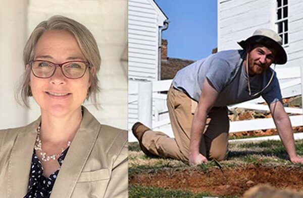 Two headshots: left, Woman wearing glasses with building in background, right, man excavating with fence and buildings in background