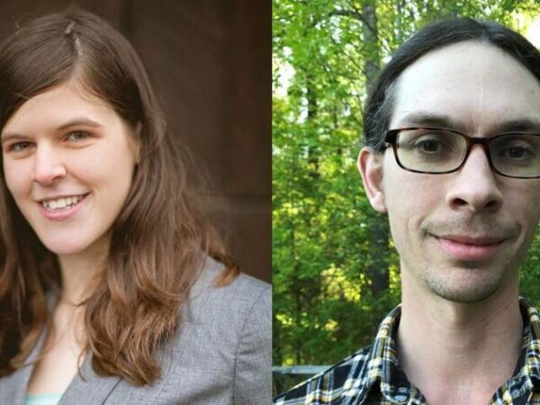 Two headshots: left, woman with long brown hair, right, man posed with trees in background