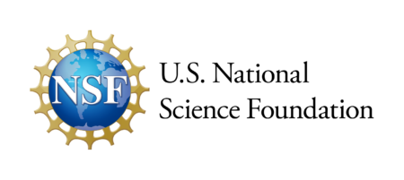 Logo for the National Foundation, letters "NSF" superimposed over a blue globe with gold spoke exterior
